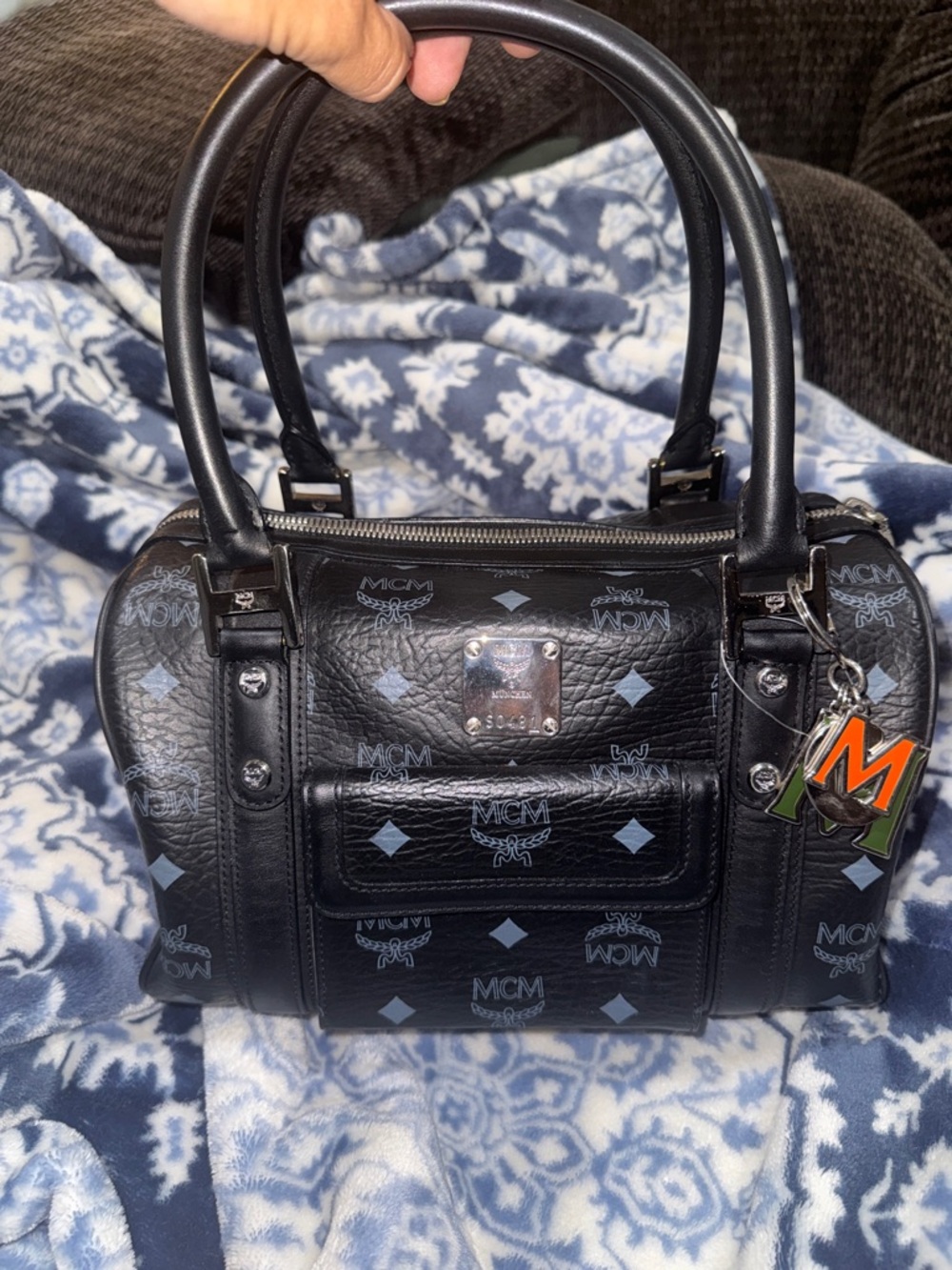 MCM Black Logo Boston Satchel with MCM charms!